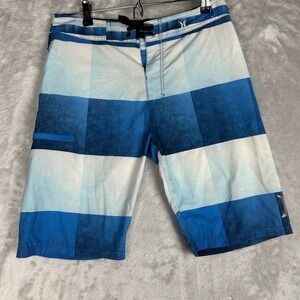 Hurley Phantom boys Swim Trunks Board Shorts Blue White Plaid Checkered‎ size 18